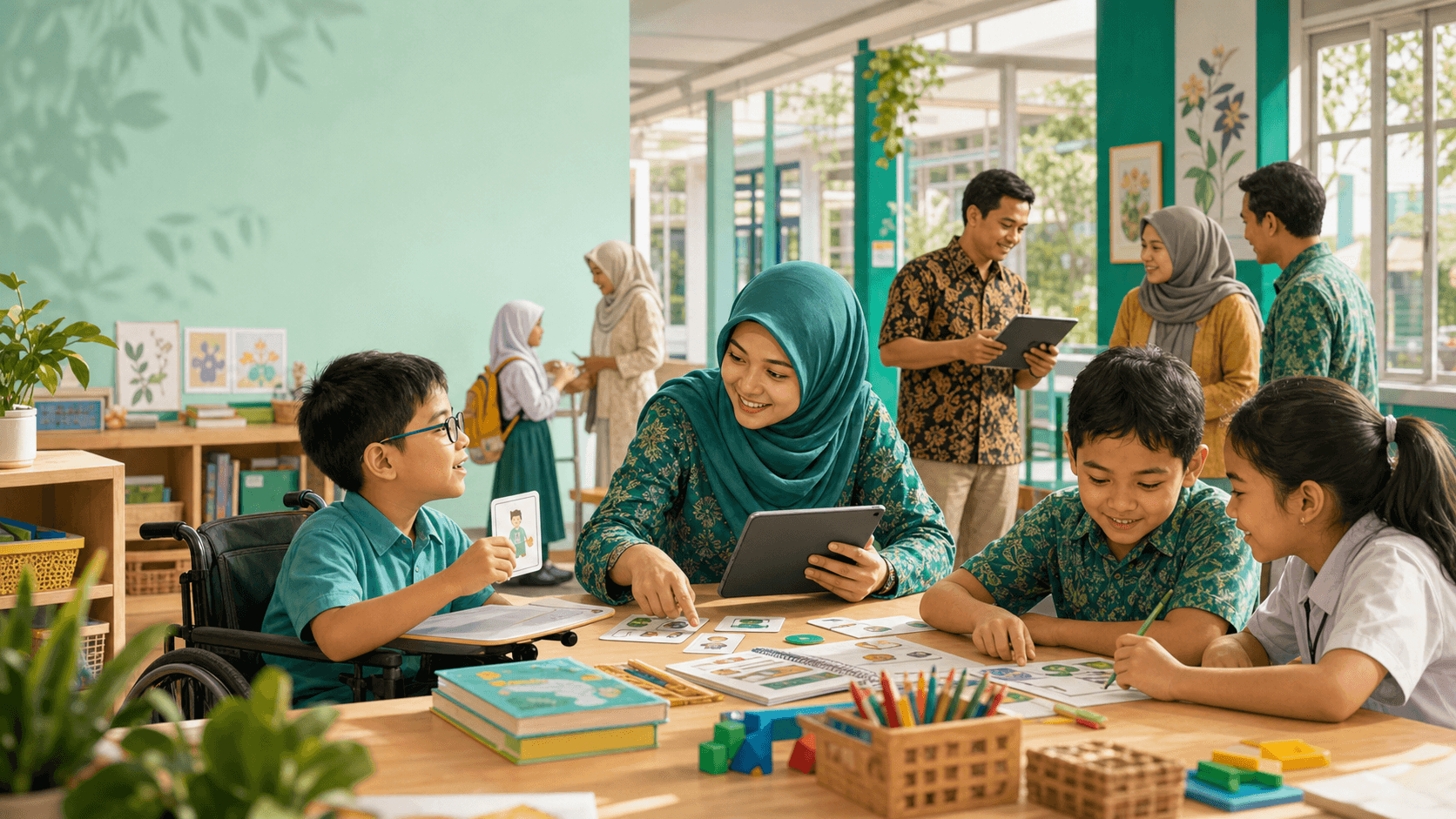 Guru dan siswa belajar bersama dalam kelas inklusif