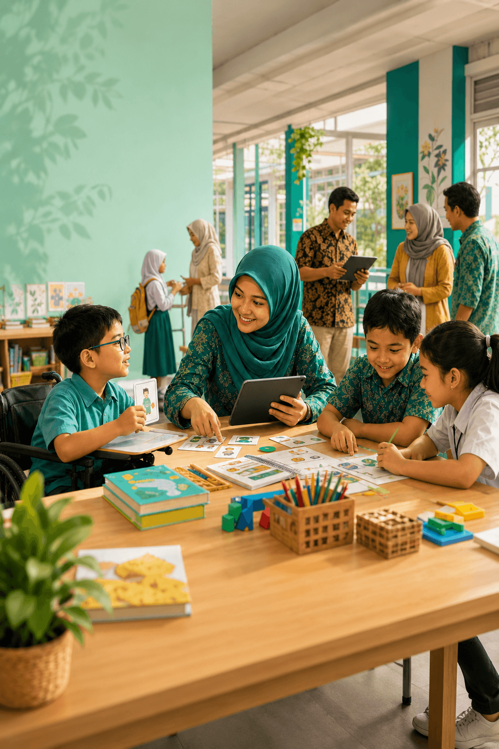 Guru dan siswa belajar bersama dalam kelas inklusif